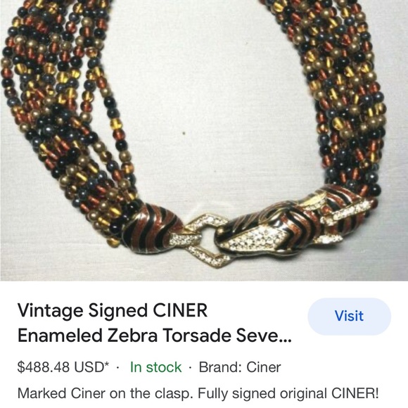 Vintage Signed CINER Enameled Zebra Torsade eight Strand Glass Bead Necklace - Picture 2 of 9